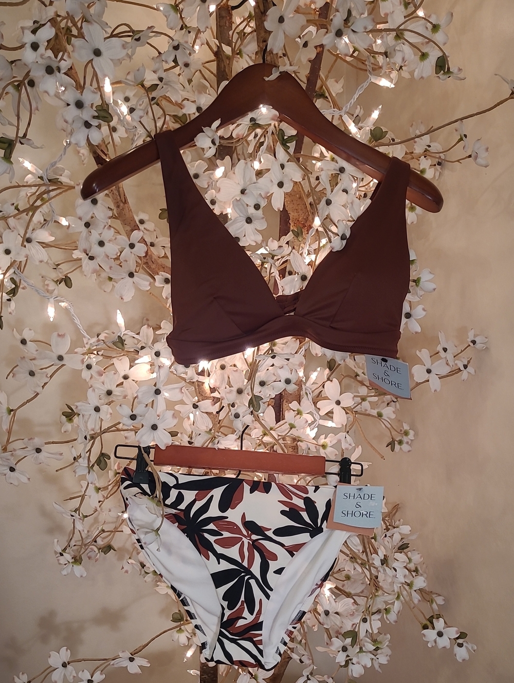 NWT Shade & Shore Brown Triangle Bikini Top with Tropical Floral Low Rise Bottom
